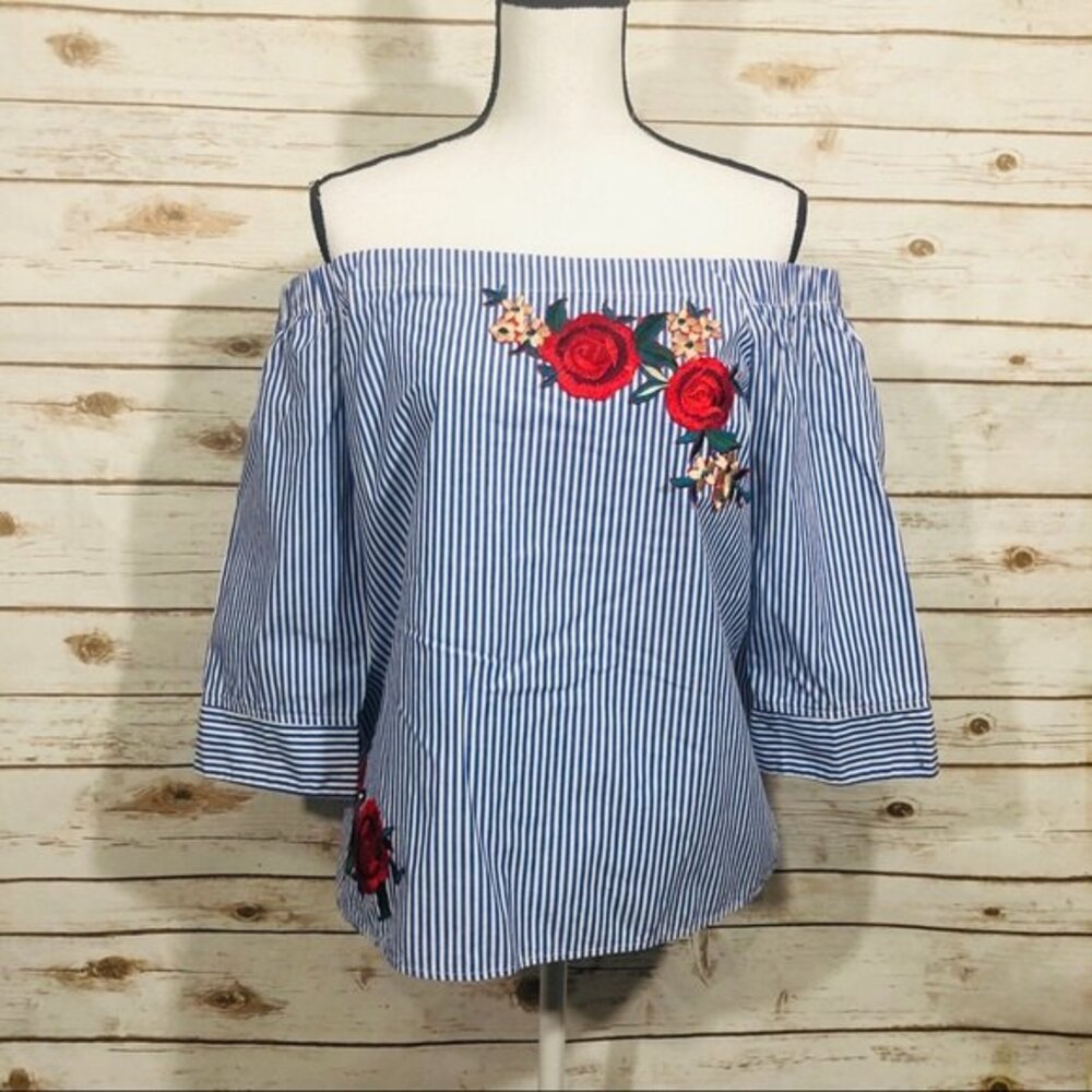 Como vintage blue‎ striped off the shoulder top size M